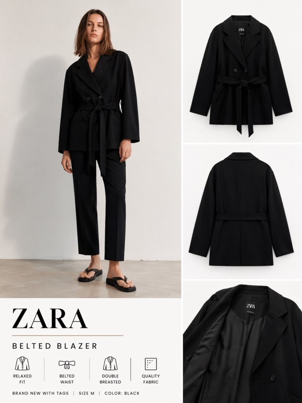 ZARA Black Belted Double Breasted Blazer NWT Size M Tailored Longline Jacket